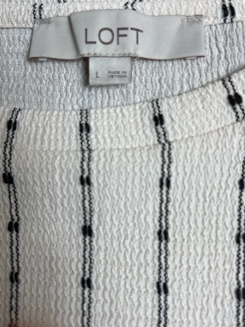 LOFT Ivory Knit Top with Black Pinstripes and Ruffled Sleeves